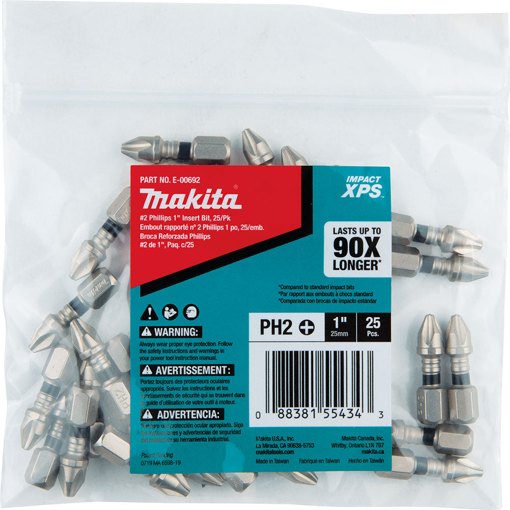 Makita T-04999 Impact XPS #2 Phillips 1" Insert Bit, 25 Pack, Bulk