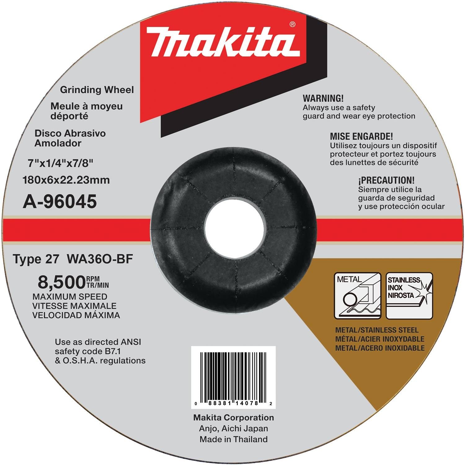 Makita A-96045 7" x 1/4" x 7/8" INOX Grinding Wheel, 36 Grit