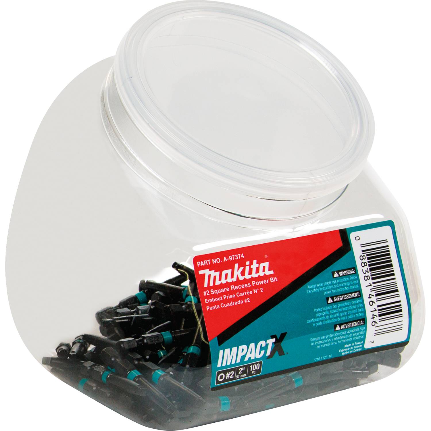 Makita A-97374 ImpactX  #2 Square Recess 2" Power Bit, 100/pk, Jar