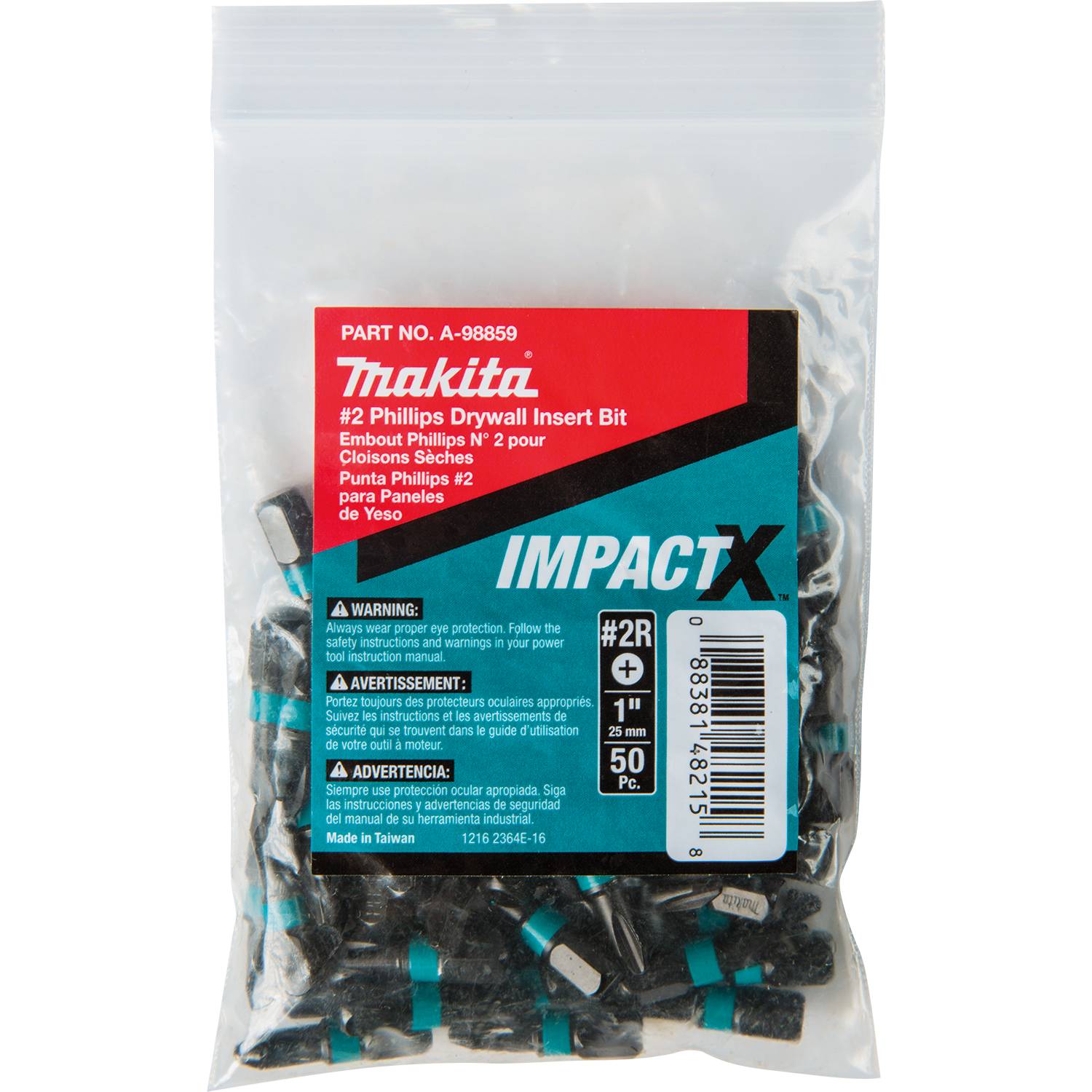 Makita A-98859 ImpactX  #2 Phillips Drywall 1" Insert Bit, 50/pk, Bulk