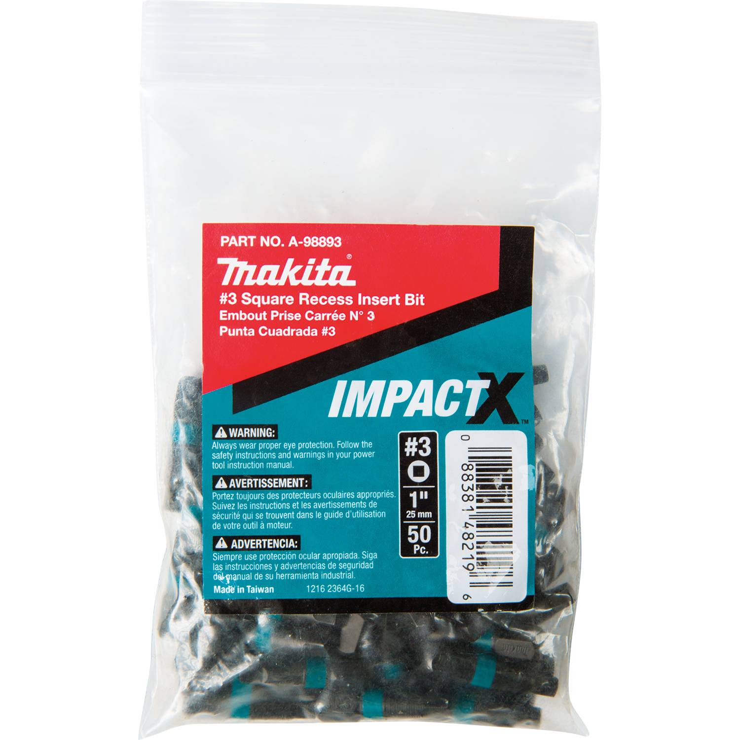 Makita A-98893 ImpactX  #3 Square Recess 1" Insert Bit, 50/pk, Bulk