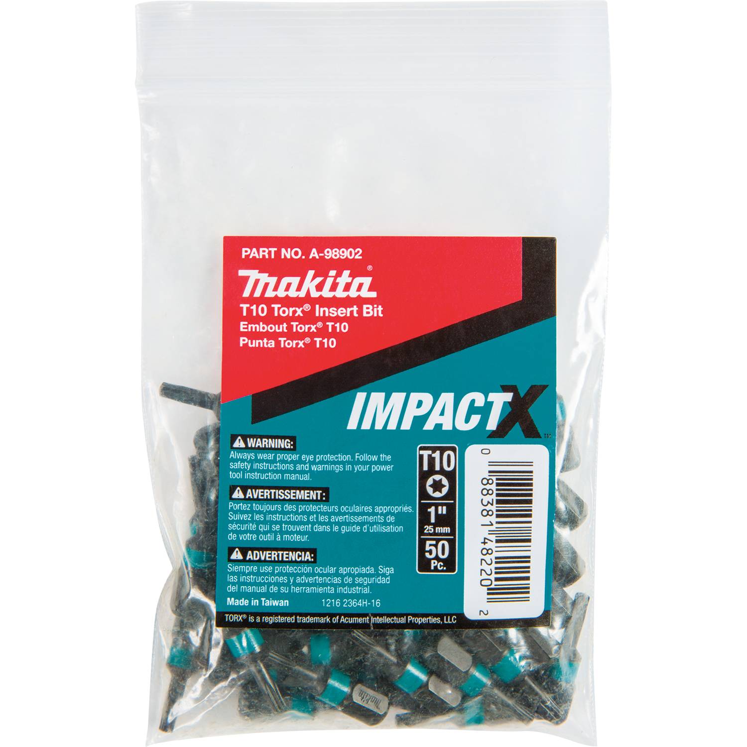 Makita A-98902 ImpactX  T10 Torx  1" Insert Bit, 50/pk, Bulk