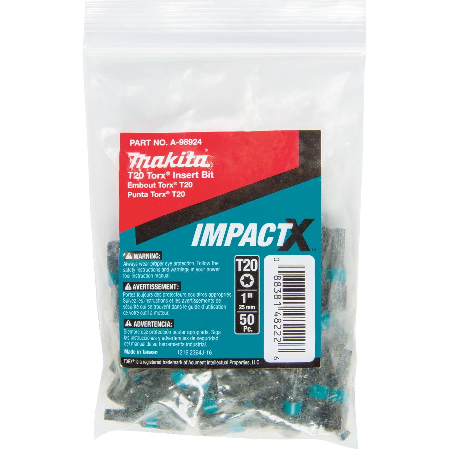 Makita A-98924 ImpactX  T20 Torx  1" Insert Bit, 50/pk, Bulk