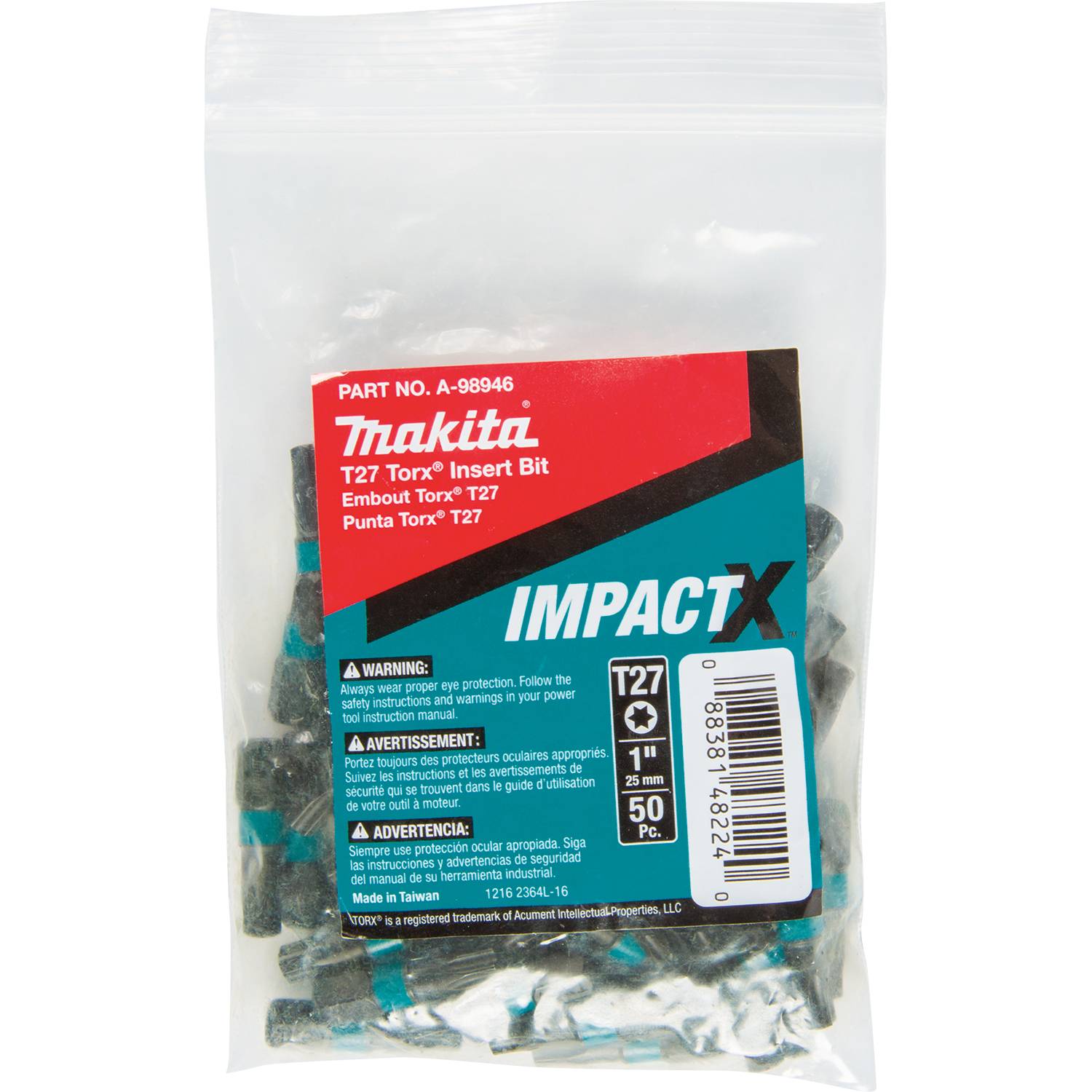 Makita A-98946 ImpactX  T27 Torx  1" Insert Bit, 50/pk, Bulk