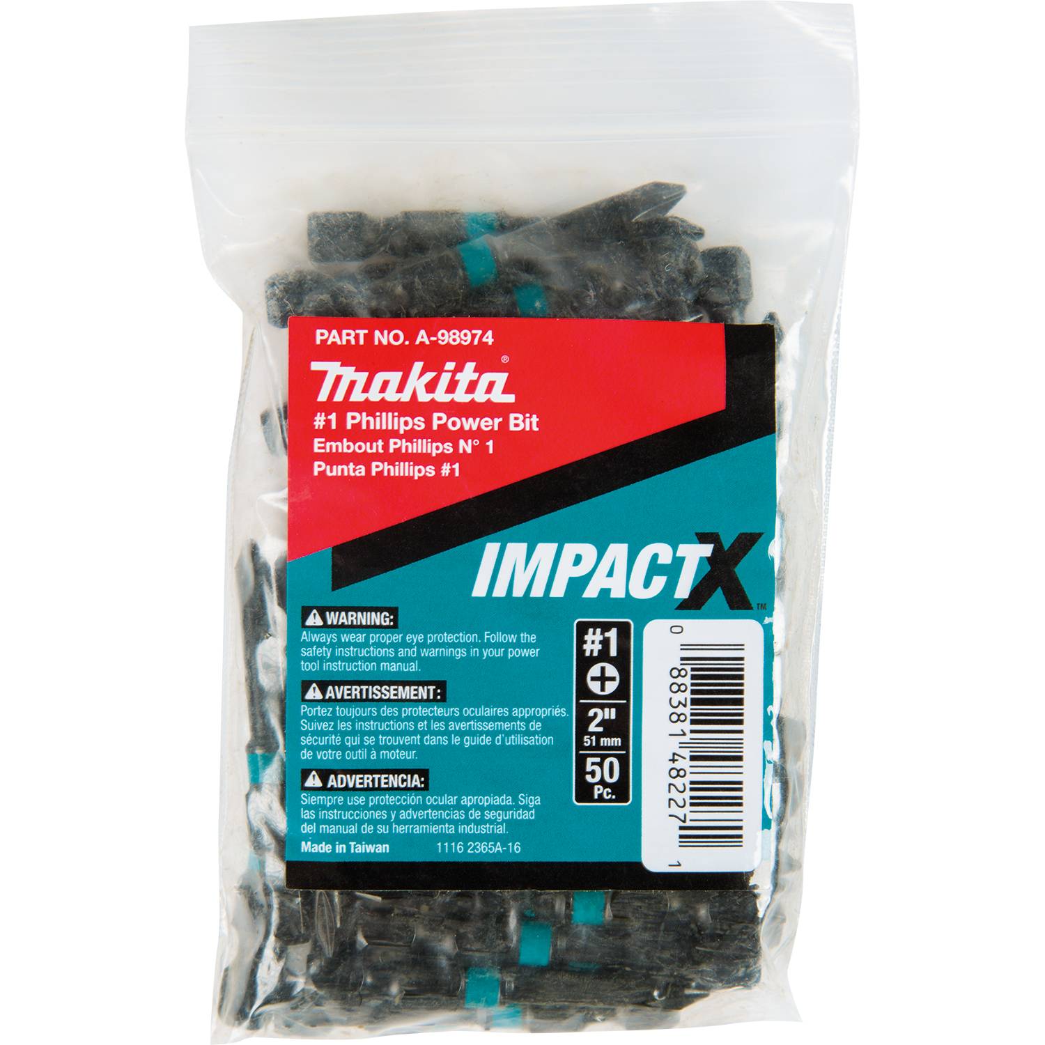 Makita A-98974 ImpactX  #1 Phillips 2" Power Bit, 50/pk, Bulk