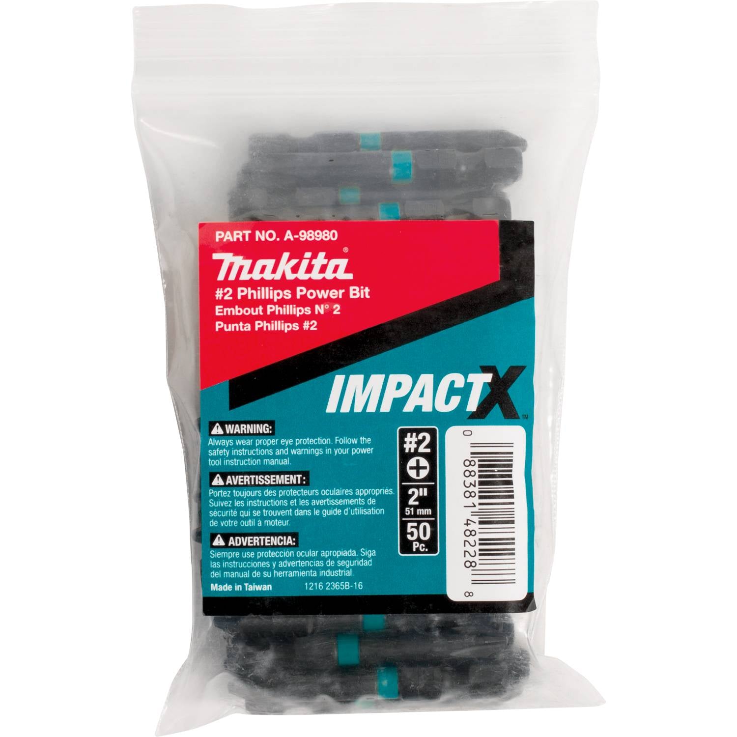 Makita A-98980 ImpactX  #2 Phillips 2" Power Bit, 50/pk, Bulk