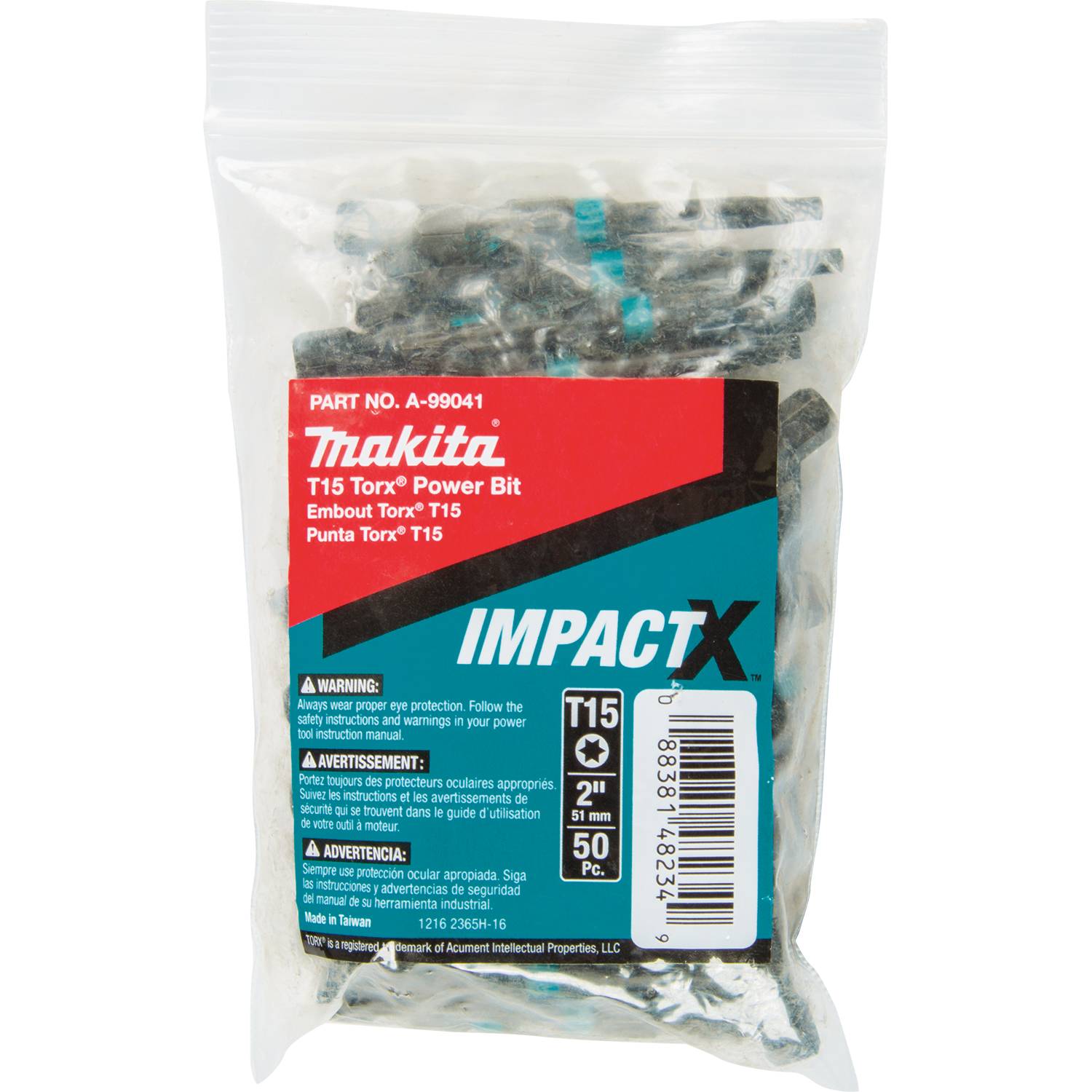 Makita A-99041 ImpactX  T15 Torx  2" Power Bit, 50/pk, Bulk