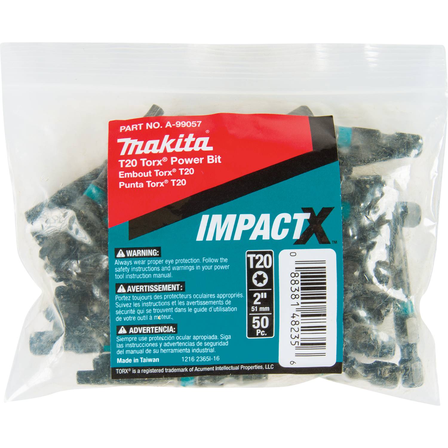 Makita A-99057 ImpactX  T20 Torx  2" Power Bit, 50/pk, Bulk