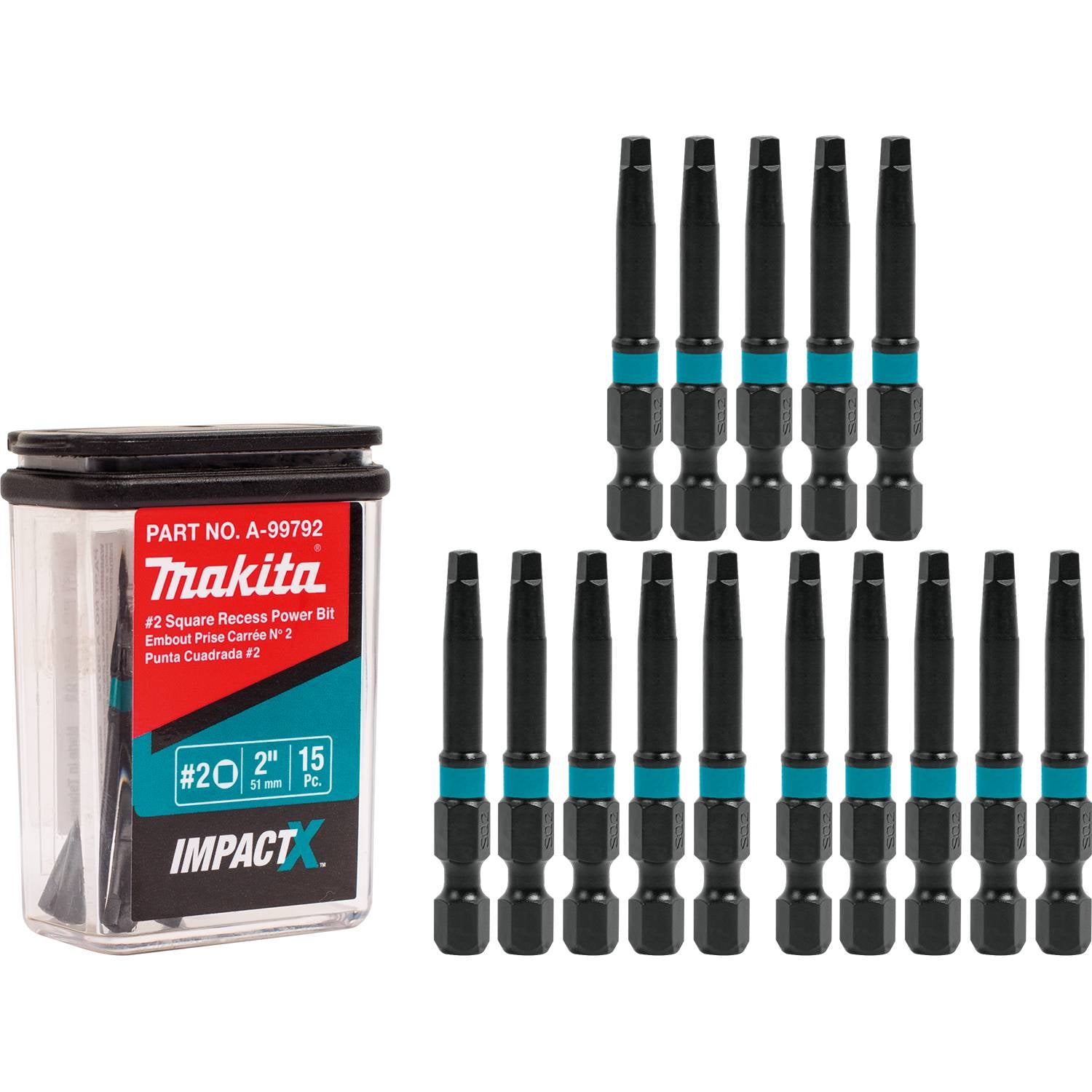 Makita A-99792 ImpactX  #2 Square Recess 2" Power Bit, 15/pk