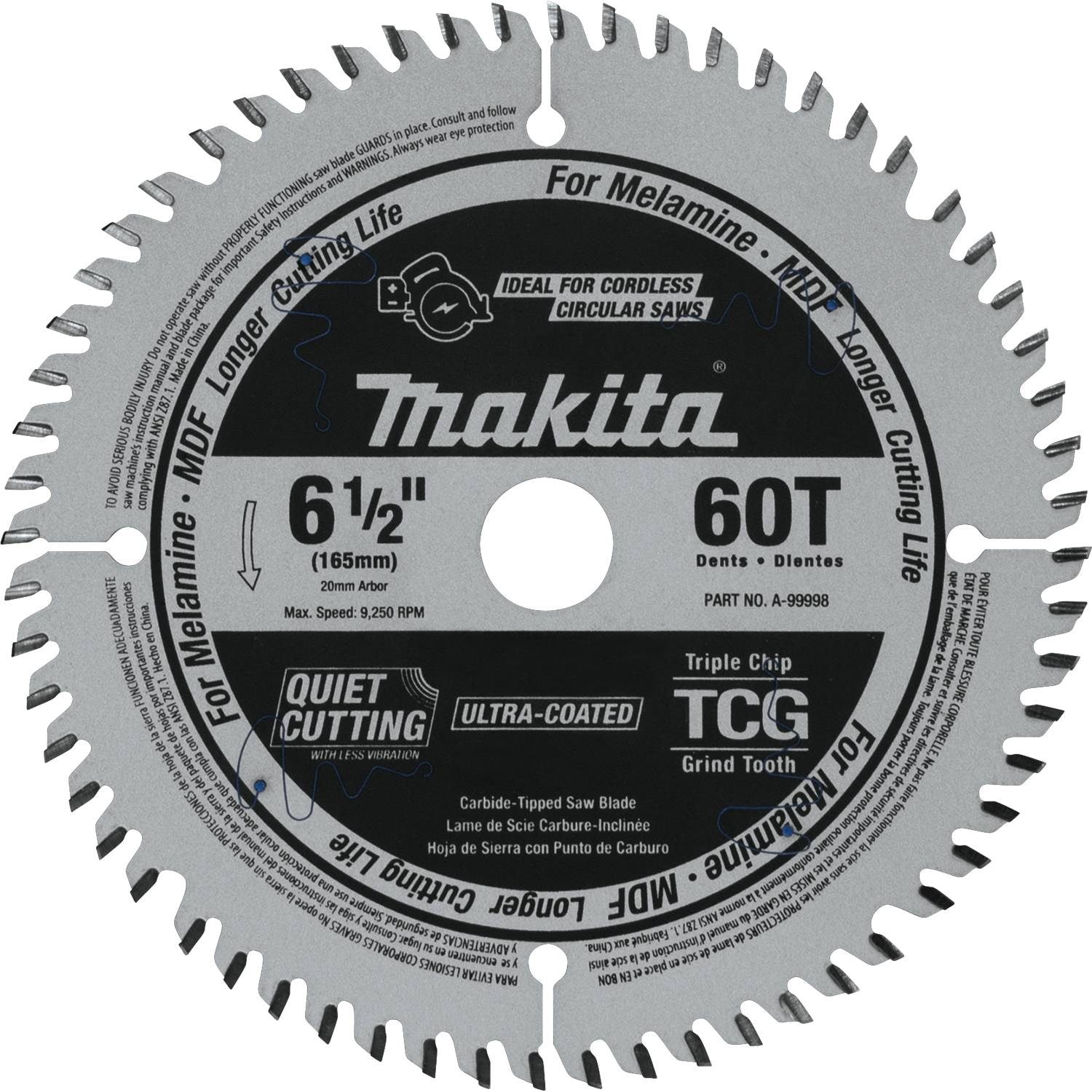 Makita A-99998 6-1/2" 60T (TCG) Carbide-Tipped Cordless Plunge Saw Blade