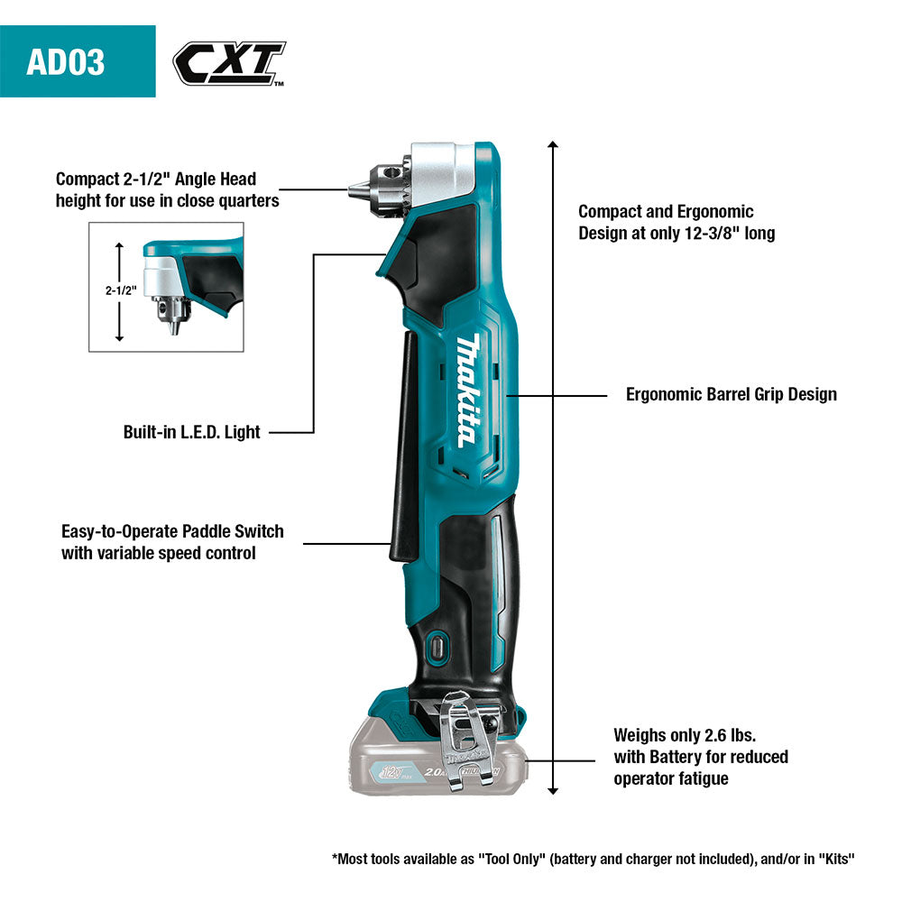 Makita AD03Z 12V max CXT Lithium-Ion Cordless 3/8" Right Angle Drill - 2