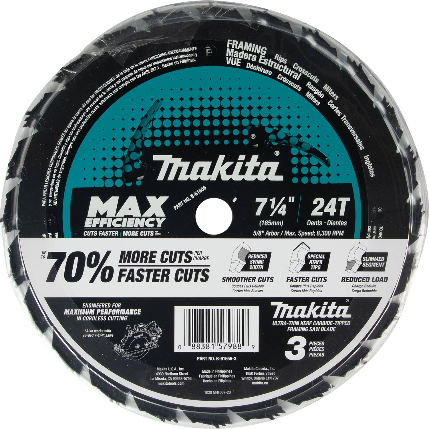 Makita B-61656-3 7-1/4" 24T Circular Saw Blade, Framing, 3/pk - 2