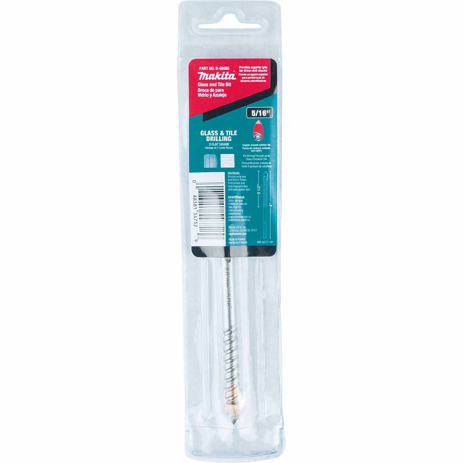 Makita B-68965 5/16" x 4" Glass and Tile Bit, 3 Flat Shank - 2