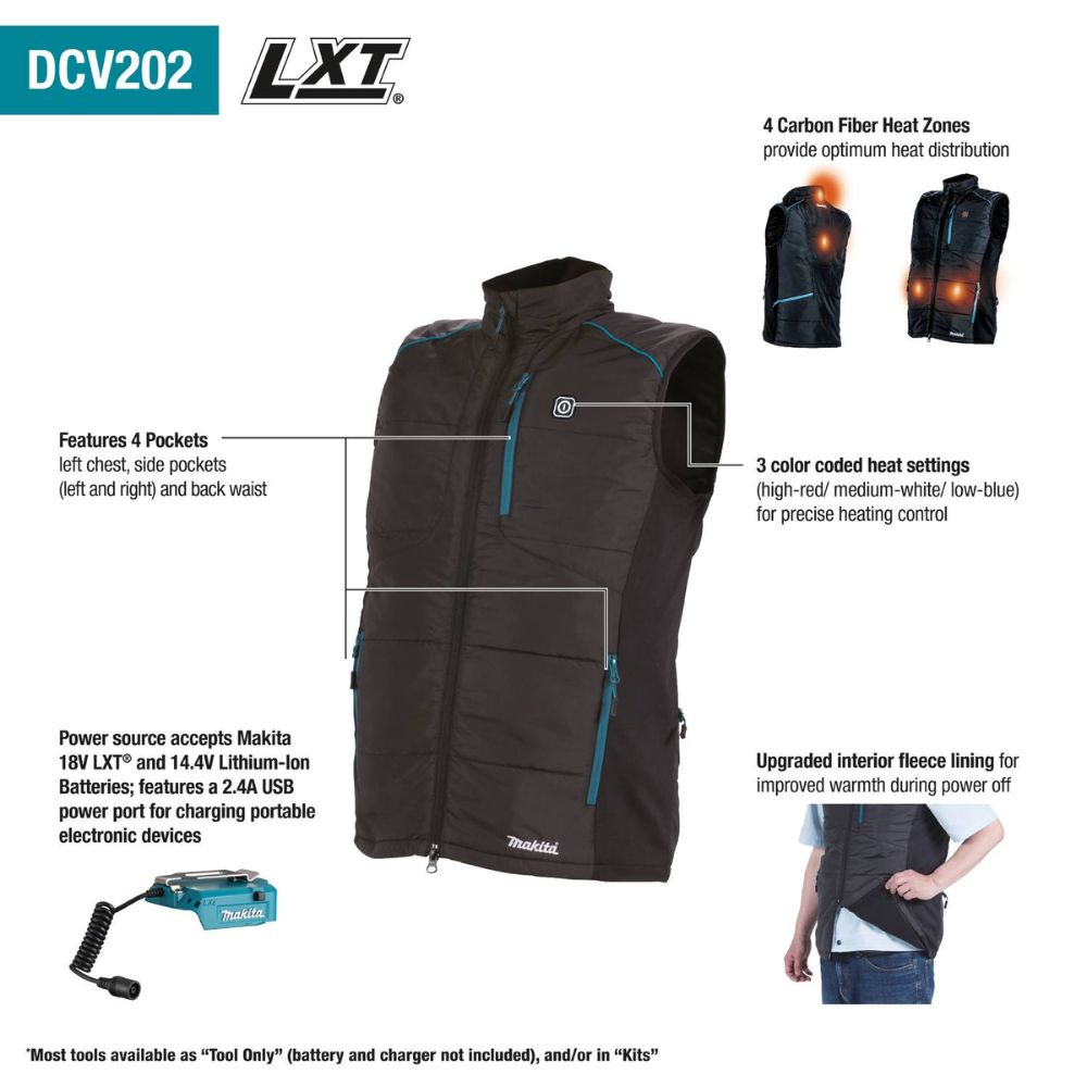 Makita DCV202ZL 18V LXT Lithium-Ion Cordless Heated Vest, Vest Only (Black, Large) - 2