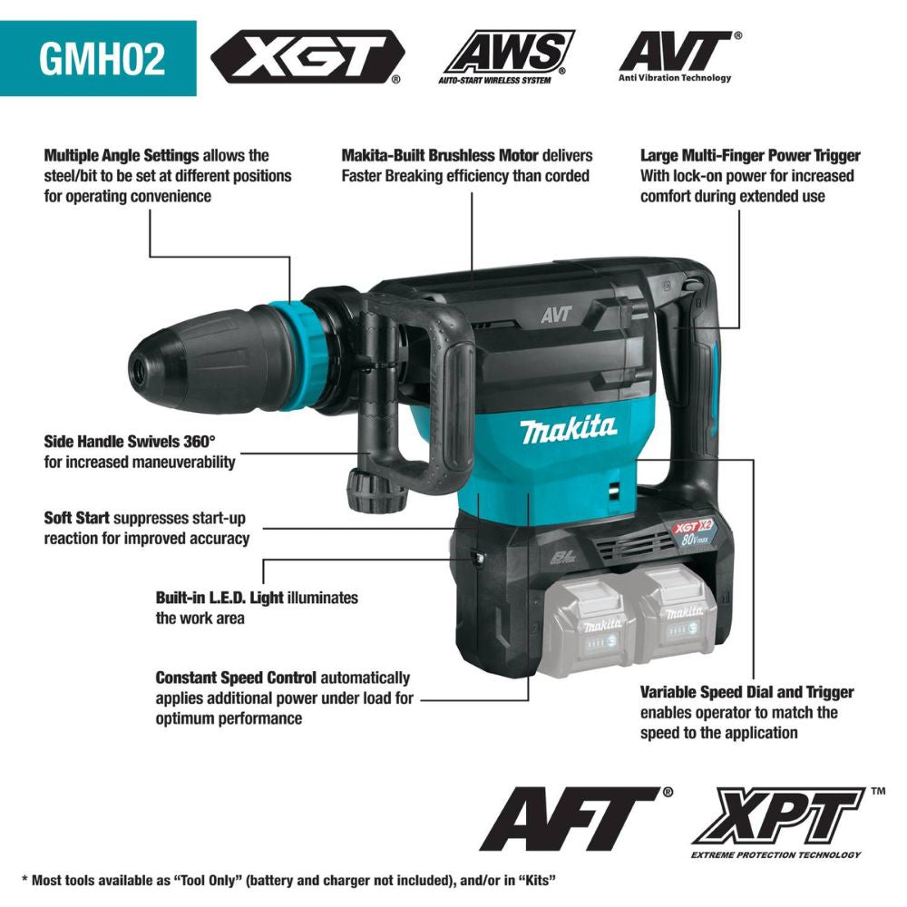 Makita GMH02PM 80V max (40V max X2) XGT Brushless 28 lb. AVT Demolition Hammer Kit, accepts SDS-MAX bits, dual port charger, AWS Capable, case (4.0Ah) - 2