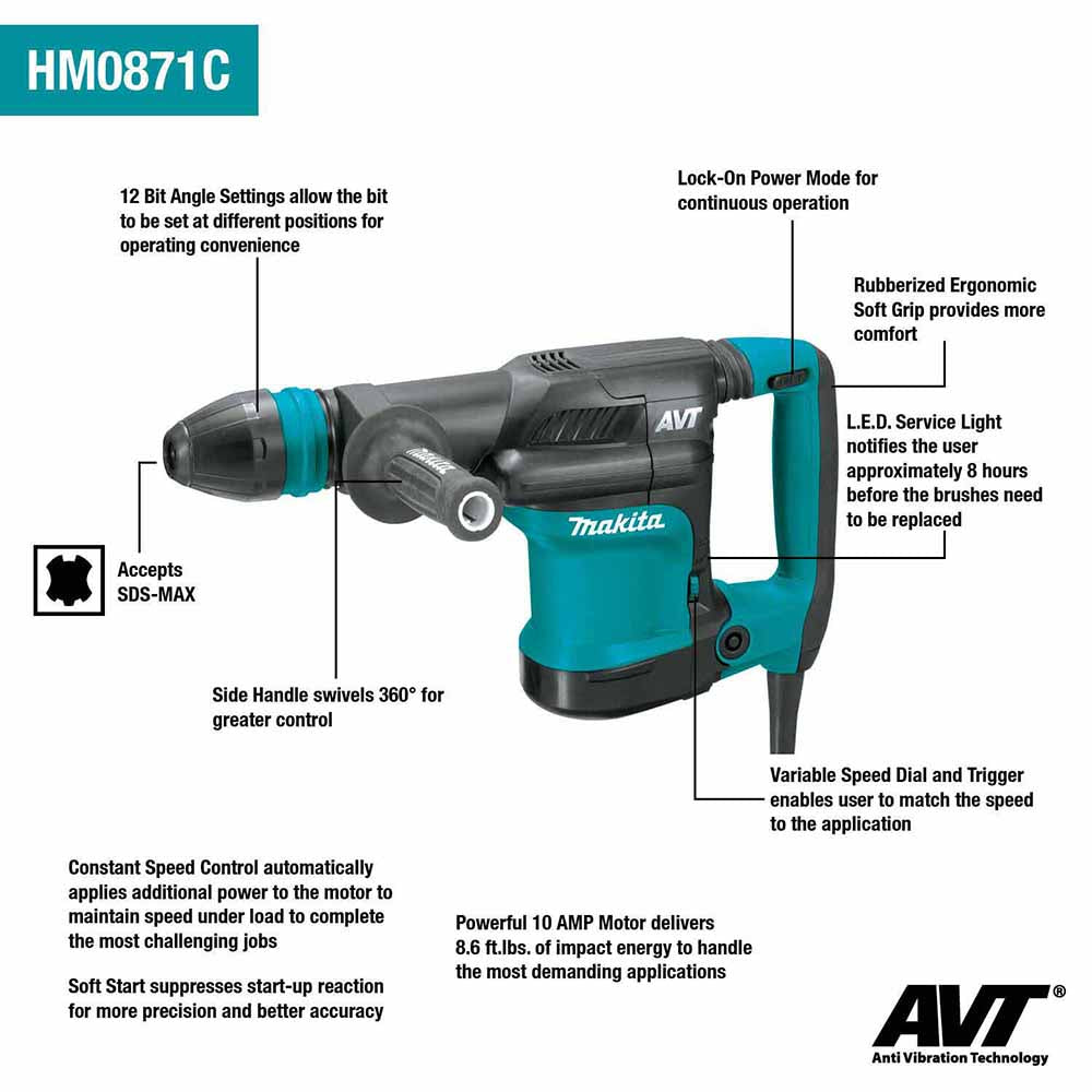 Makita HM0871C 12 lb. AVT Demolition Hammer, accepts SDS-MAX bits, Variable Speed, Case - 2