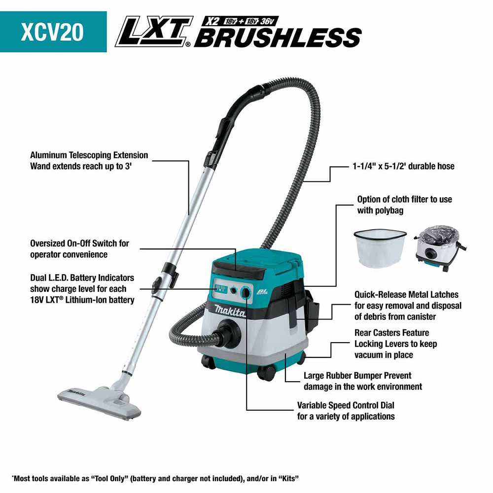 Makita XCV20Z 36V (18V X2) LXT Brushless 2.1 Gallon Wet/Dry Dust Extractor/Vacuum, Tool Only - 2