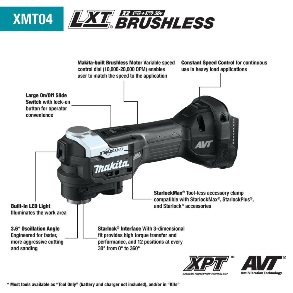 Makita XMT04R1B 18V LXT Lithium-Ion Sub-Compact Brushless Cordless StarlockMax Oscillating Multi-Tool Kit (2.0Ah) - 2