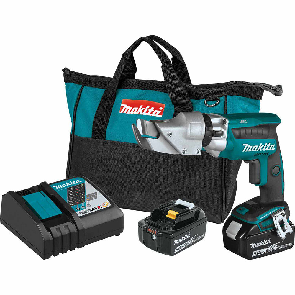 Makita XSJ04T 18V LXT® Lithium-Ion Brushless Cordless 18 Gauge Offset Shear Kit, bag (5.0Ah)