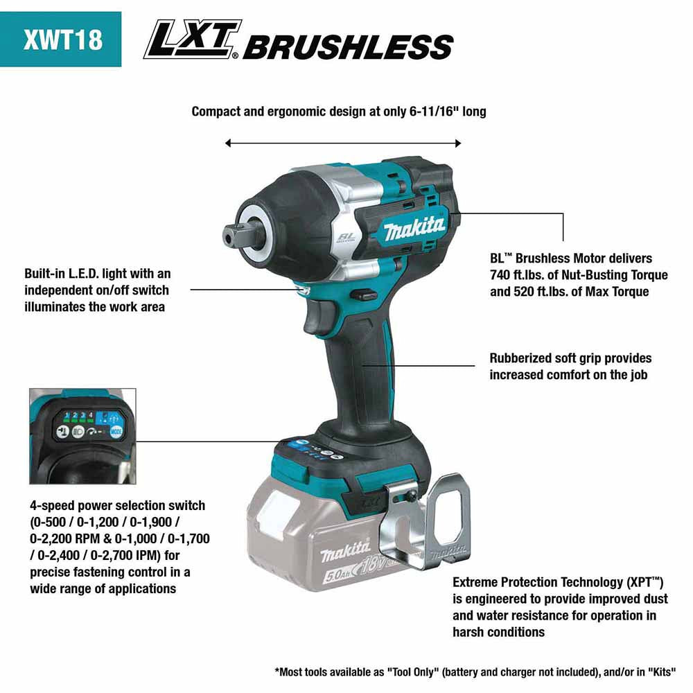 18V LXT® Brushless 4-Speed Mid-Torque 1/2" Sq. Drive Impact Wrench Kit w/ Detent Anvil - 2