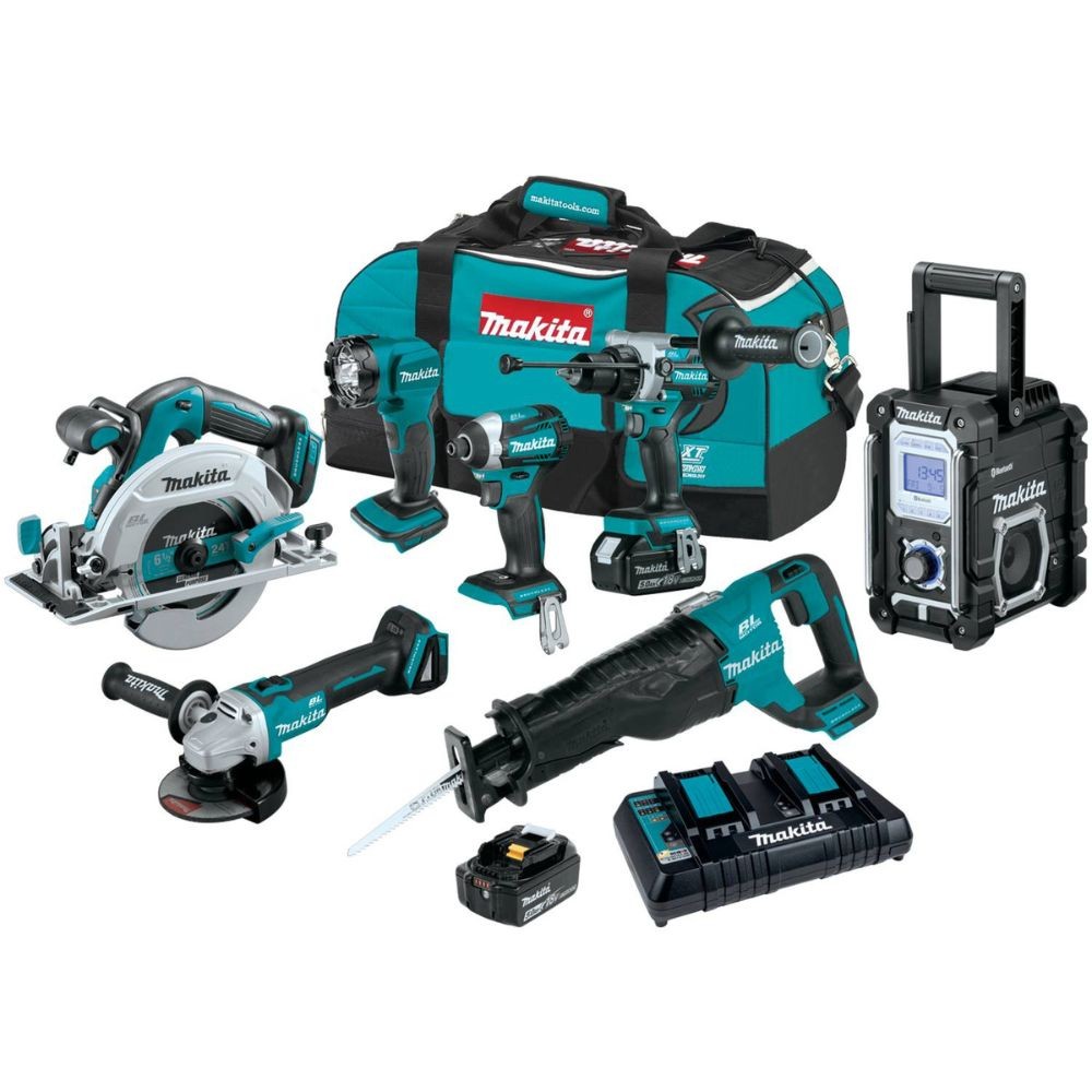 Makita XT707PT 18V LXT Li-Ion Brushless Cordless 7 Pc. Combo Kit, XPH14Z, XDT14Z, XRJ05Z, XSH03Z, XAG04Z, XRM06B, DML815, Dual Port Charger, Bag (5.0Ah)